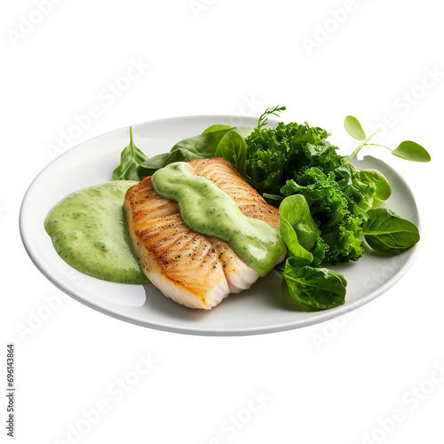 Fish fillet served with spinach sauce and steamed vegetables isolated on transparent background