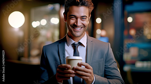 smiling businessman with a glass of coffee
