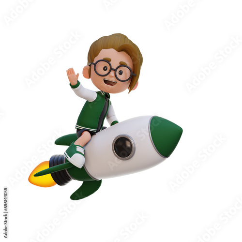 3D girl character riding a rocket and waving hand