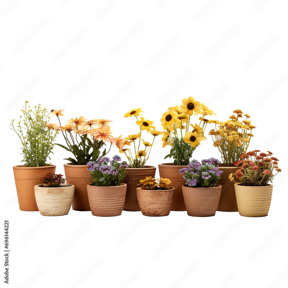 Flowers in clay pots isolated on transparent background