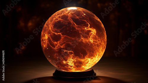Solar prominence erupting from the sun's surface in the depths of space inside a glass globe. photo