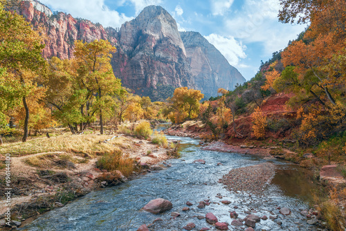 Принти на полотні North Fork Virgin River and surrounding mountains in Zion National Park