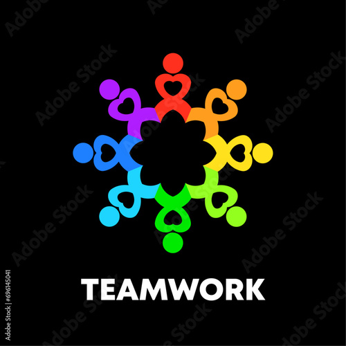 Teamwork heart people conceptual logo template. Vector isolated on black background.