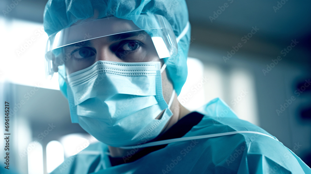 Close-up of a surgeon wearing a mask in front of the operating room. Close-up of a surgeon wearing a mask in front of the operating room.