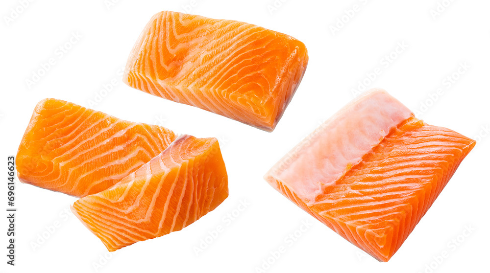 set of fresh salmon steak isolated on white background. set of fresh salmon steak isolated on white background.