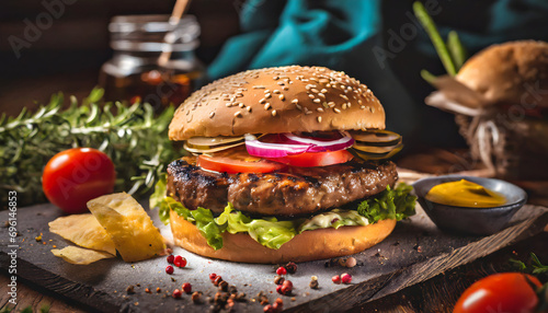 product shot of a juicy burger.