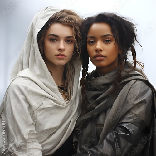 Retrato de dos mujeres de diferentes razas con t  nicas. T  nica blanca y t  nica negra. Generado con tecnolog  a IA