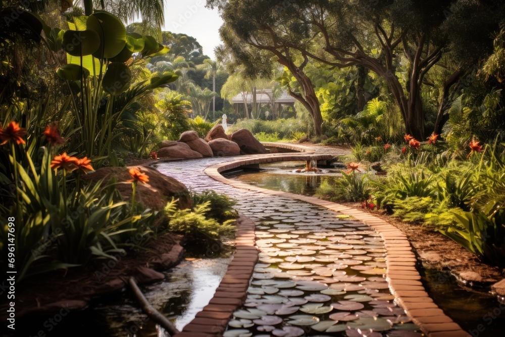 A tranquil botanical garden with exotic plants, water features, and walking paths