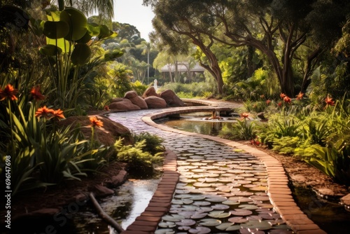 A tranquil botanical garden with exotic plants, water features, and walking paths