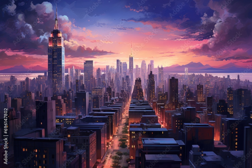 A vibrant cityscape at dusk with dynamic lighting and a modern, energetic feel.