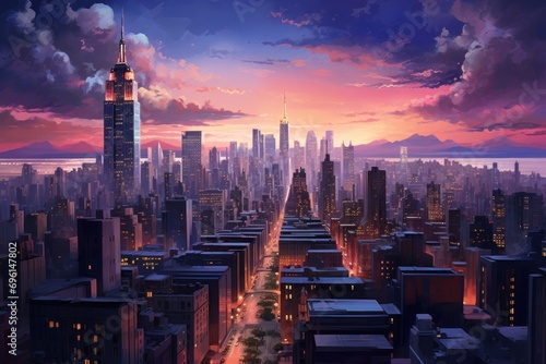 A vibrant cityscape at dusk with dynamic lighting and a modern, energetic feel.
