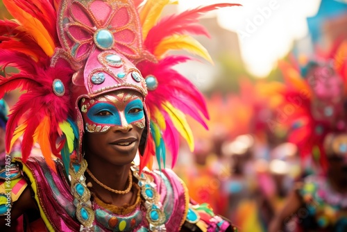A vibrant parade with colorful floats and costumes in a cultural festival