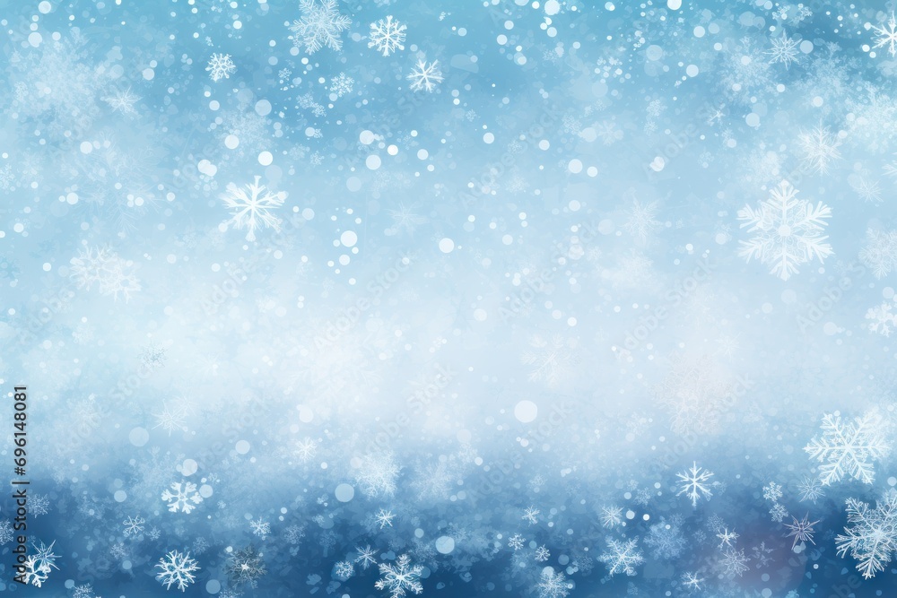 Abstract winter scene with snowflakes gently falling against a soft blue background.