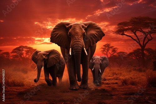 A wildlife safari in Africa with a stunning savannah landscape, elephants, and a sunset backdrop. © Jelena