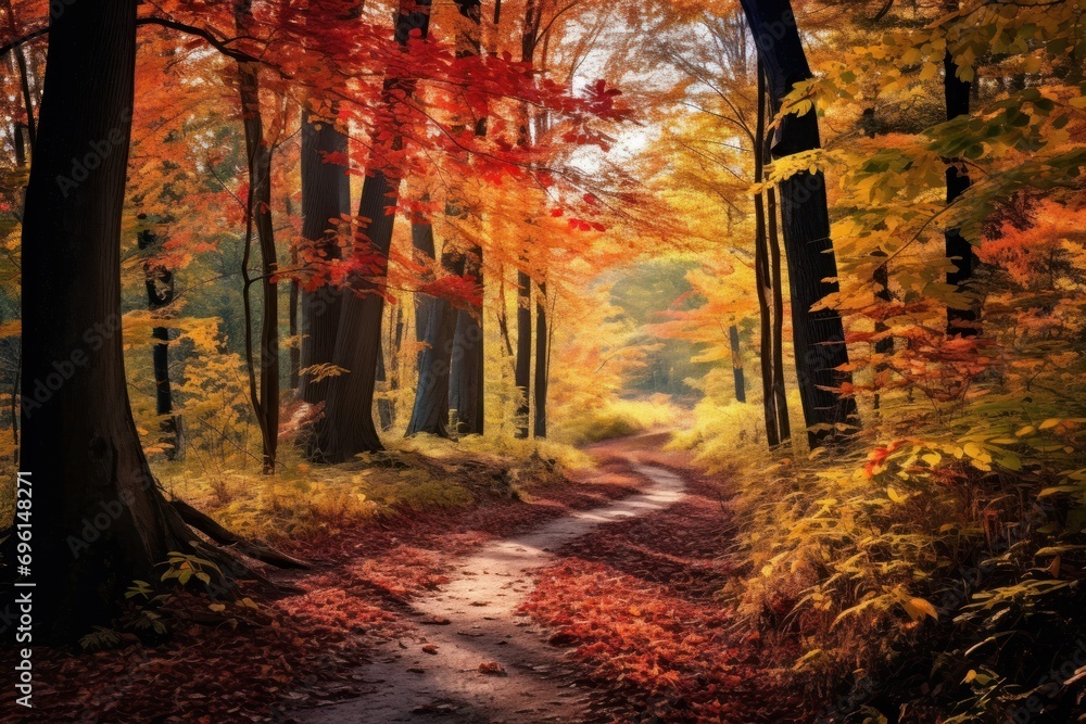 An autumn forest trail with colorful leaves and a peaceful atmosphere
