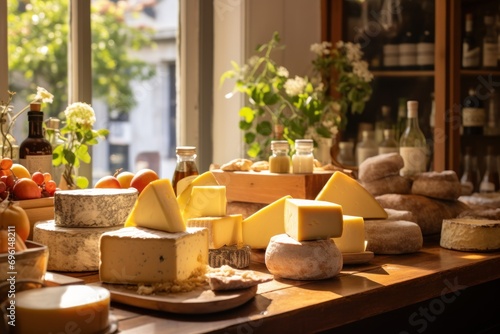 Fototapeta Naklejka Na Ścianę i Meble -  An artisanal cheese shop in a quaint village, with a variety of local cheeses and tasting sessions.