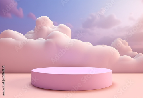 Abstract, elegant podium and product pedestal, fairytale landscape. Pastel purple, pink soft clouds background. 3D Illustration. © Dejan