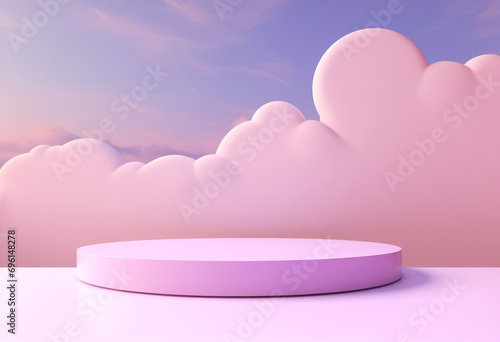 Abstract, elegant podium and product pedestal, fairytale landscape. Pastel purple, pink soft clouds background. 3D Illustration. © Dejan