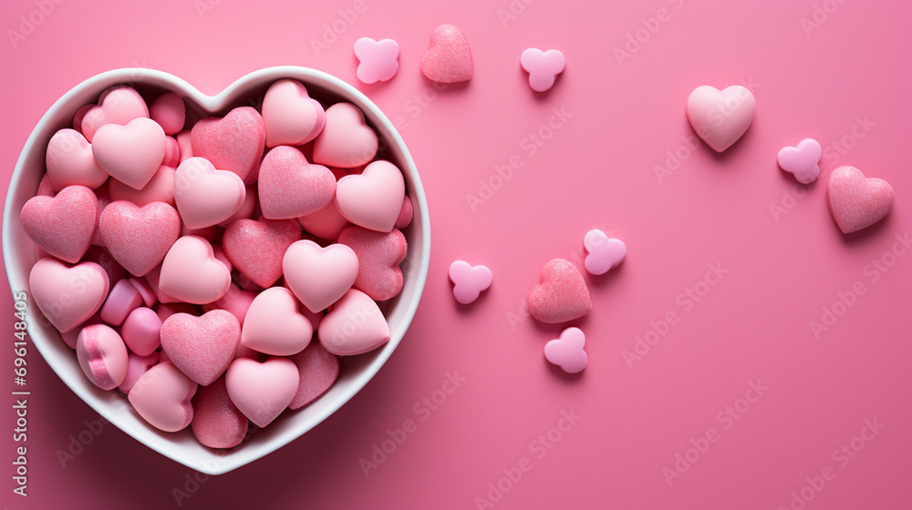 Obraz premium Valentine's Day Candies on Pink Pastel Background with Copy Space - Overhead Flat Lay View of Heart-Shaped Sweets in Pink, Purple, Red, and White Color Tones 