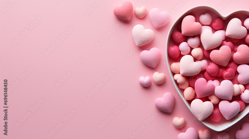 Valentine's Day Candies on Pink Pastel Background with Copy Space - Overhead Flat Lay View of Heart-Shaped Sweets in Pink, Purple, Red, and White Color Tones 