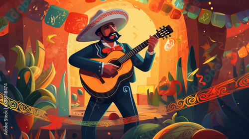 guitar player in action Flat cinco de mayo celebration mexican background 