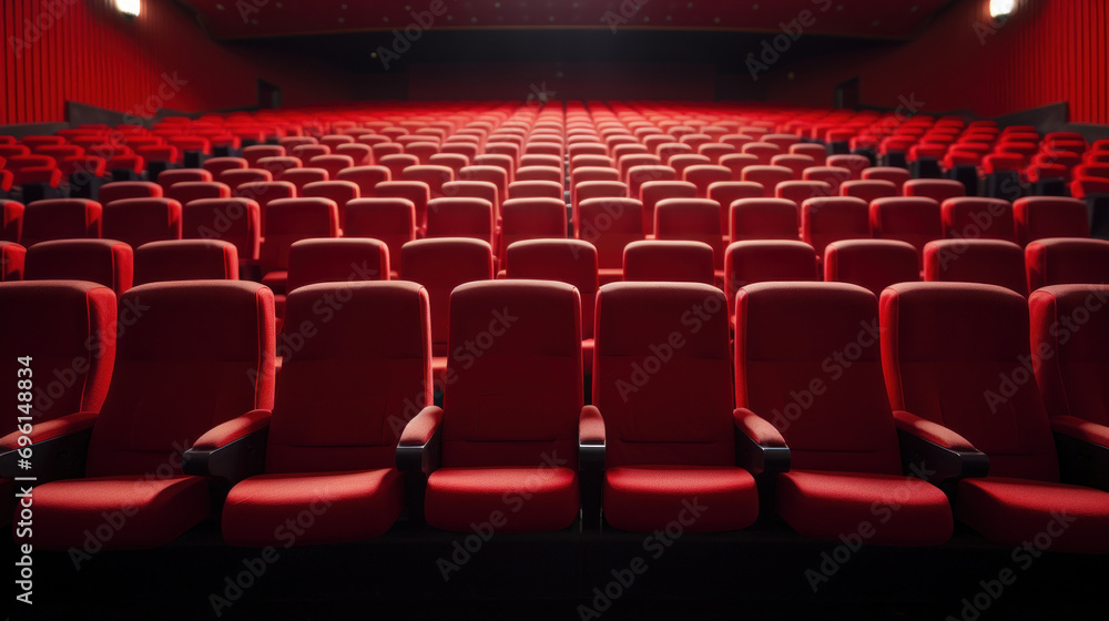 Empty cinema auditorium with rows of red seats, perspective view.