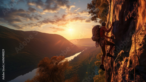 Rock climber hanging on a cliff and looking at the sunset.