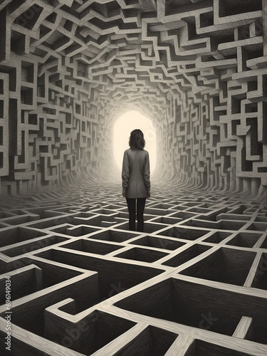 A woman gazing into the depths of a labyrinthine space