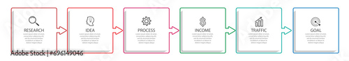 simple infographic design with six parts or steps, interconnected square shapes with thin colored lines, for flow diagrams, banners or your business presentation