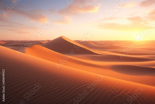 Sunset over a calm desert with dunes casting long shadows, evoking a sense of solitude and peace.