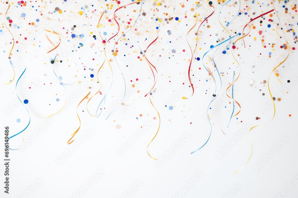 Fototapeta premium Coloured confetti and streamers as a white New Year's background.