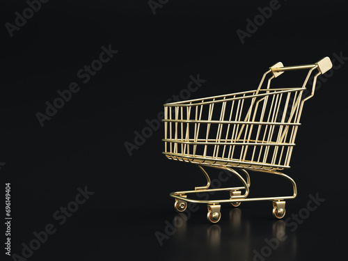 Gold Colored Shopping Cart on Black Color Background Stock Photo, 3d illustration, Shopping Event