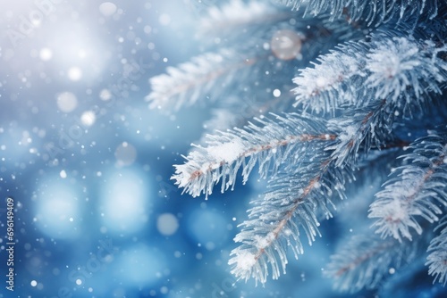 Christmas and winter background detail fir tree with ice, snow and Christmas decorations with bokeh of snowflakes.