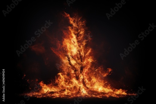 Christmas tree ablaze with flames standing against a dark background.