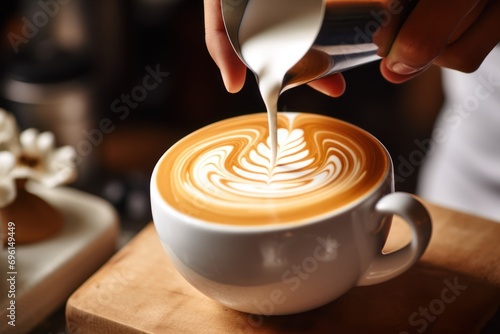 Close-up of a barista crafting latte art in a coffee shop