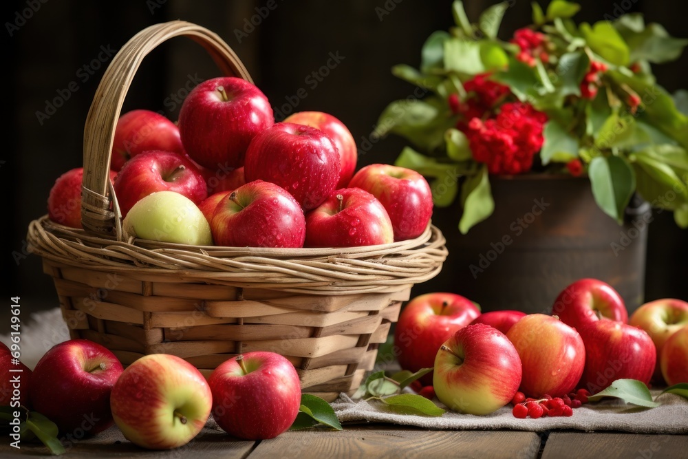 Freshly harvested apples in a basket on a rustic farm table