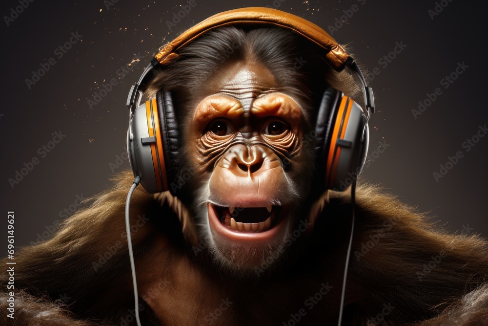 Funny portrait of a monkey wearing a headphone. Funny portrait of a monkey wearing a headphone.