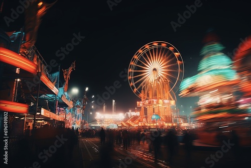 Bustling carnival night blurred bokeh lights illuminate colorful rides, games, and food stalls