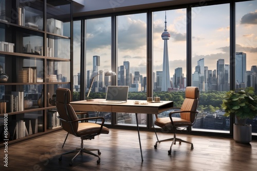 Modern home office setup with sleek furniture and technology, large windows overlooking a cityscape.
