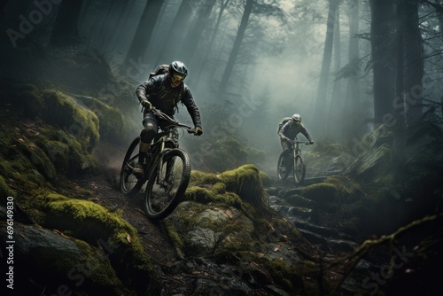 Mountain bikers on a forest trail with challenging terrain