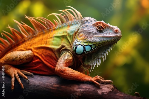 Portrait of a colorful iguana sitting on a branch.