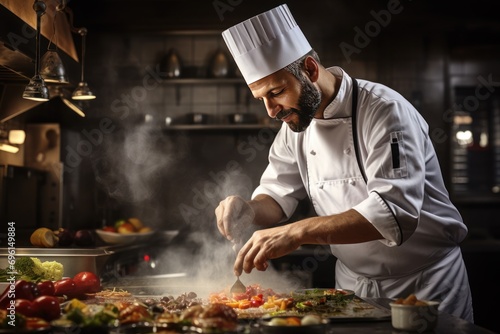 Professional chef preparing a gourmet meal in a restaurant kitchen