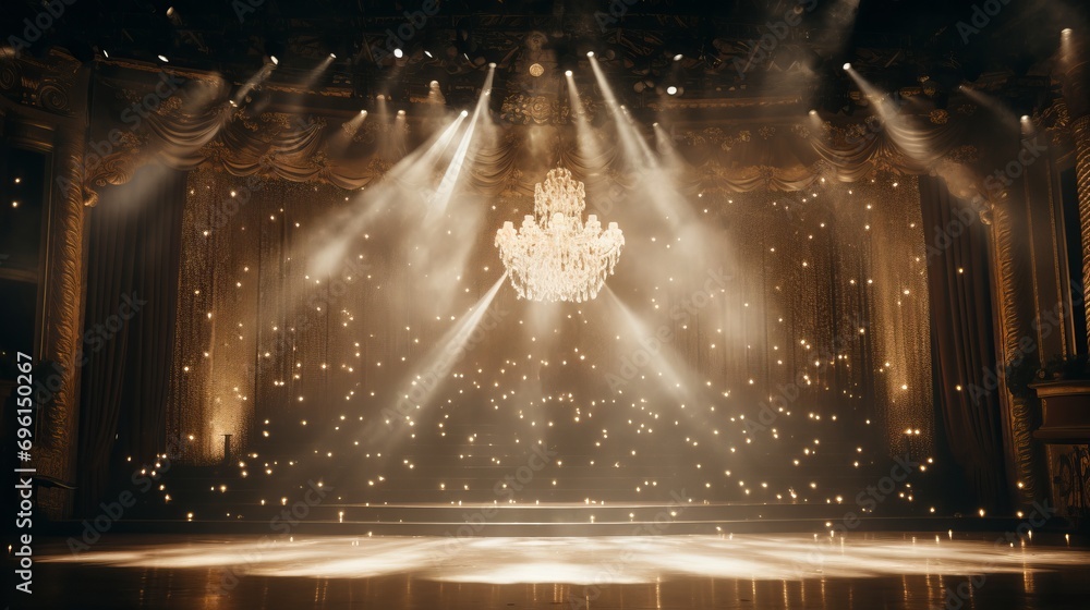 Blurred bokeh effect of a grand broadway theater stage with elegant curtain and chandeliers - obrazy, fototapety, plakaty 