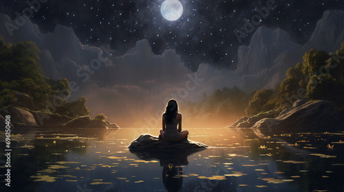 illustration portraying a young woman immersed in a yoga practice amidst the beauty of nature at night