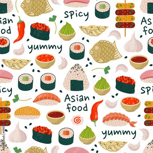 Asian food seamless vector pattern. Japanese, Korean snacks with seafood - onigiri, sushi, dumplings, taiyaki dessert. Spicy ingredients - wasabi, pepper, soy sauce, sriracha. Flat cartoon background
