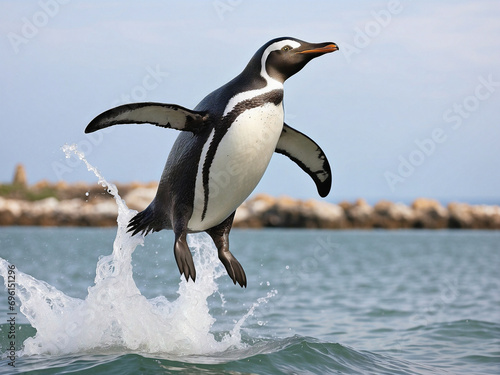 Penguin jumping out of the sea with great vigor