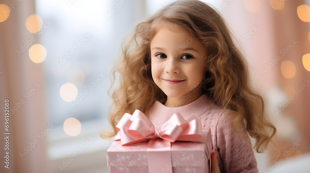 A caucasian toddler girl holding a gift in pink colors on Mother's Day, Valentine's Day, Christmas, or birthday, A caucasian toddler girl holding a gift in pink colors on Mother's Day, Valentine's Day, Christmas, or birthday,