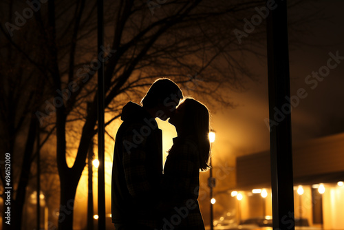 Silhouetted Couple Kissing in the Glow of Valentine's Evening, Romantic City of Love