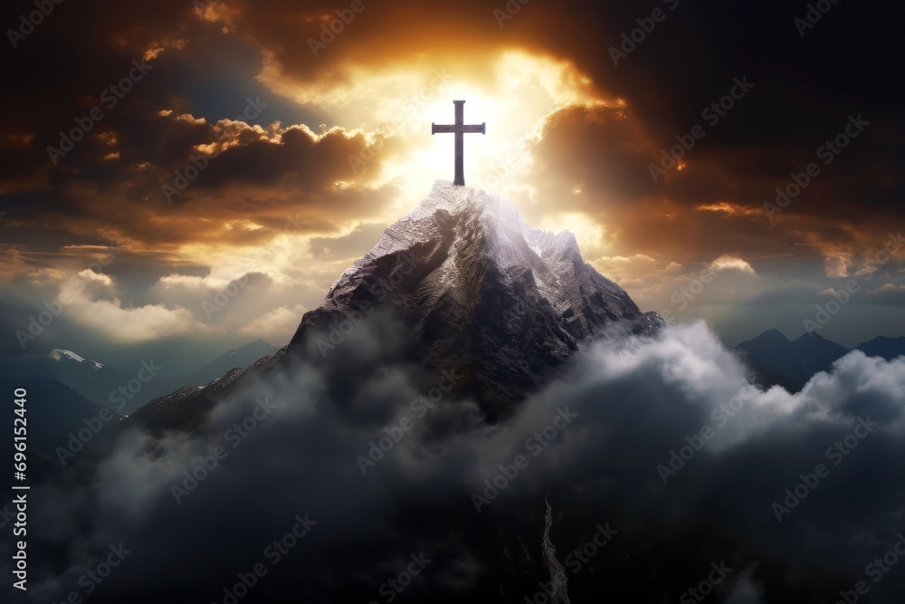 Cross of Jesus Christ on the top of the mountain in the clouds ...