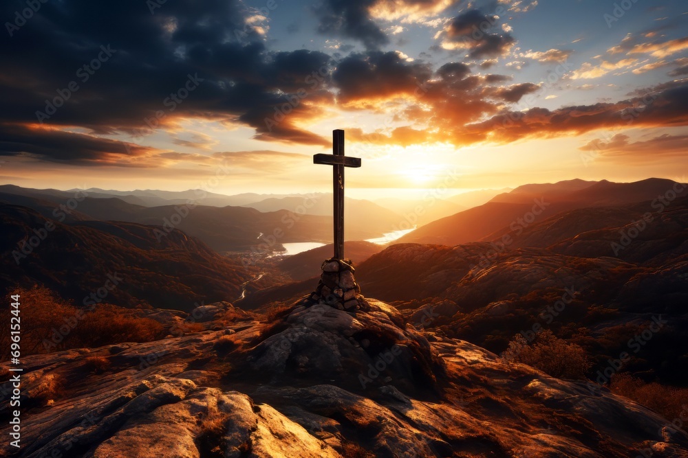 Cross on a rock in the mountains at sunrise, golden hour. Religion concept.
Cross on a rock in the mountains at sunrise, golden hour. Religion concept.